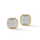 Our Sterling Silver & 14K Gold Square Pave Diamond Stud Earrings feature brilliant round Diamonds set in polished frame and wrapped with 14K Gold Box Chain pattern.Stone Information:Diamond > Shape: R