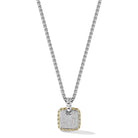 Our Sterling Silver & 14K Gold 2.7mm Box Chain Necklace showcases a Square Pave Diamond design element featuring brilliant round Diamonds set in polished frame and wrapped with 14K Gold Box Chain patt