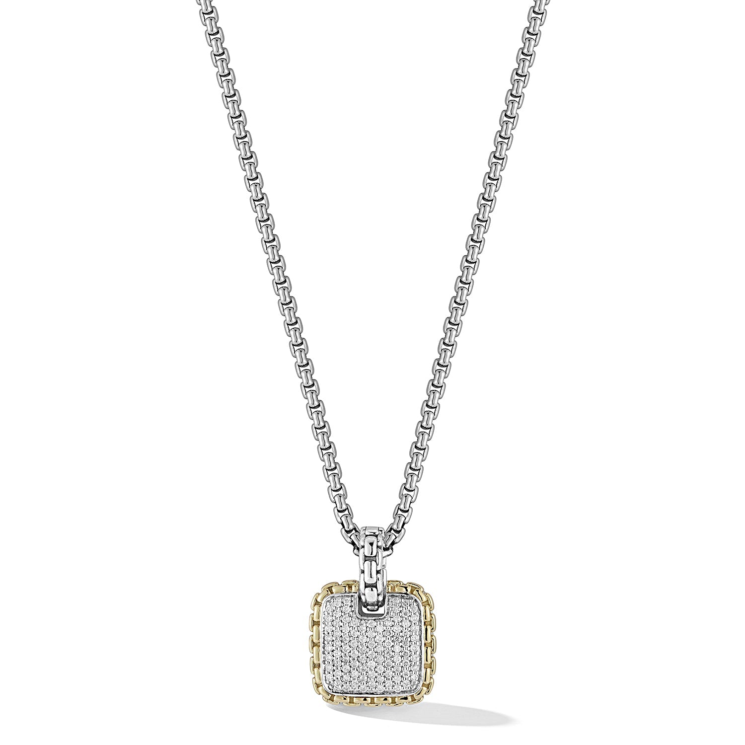 Our Sterling Silver & 14K Gold 2.7mm Box Chain Necklace showcases a Square Pave Diamond design element featuring brilliant round Diamonds set in polished frame and wrapped with 14K Gold Box Chain patt
