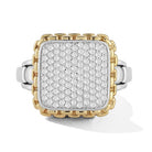 Our Sterling Silver & 14K Gold Square Pave Diamond Ring features brilliant round Diamonds set in polished frame and wrapped with 14K Gold Box Chain pattern. The shank is made with Box Chain element an