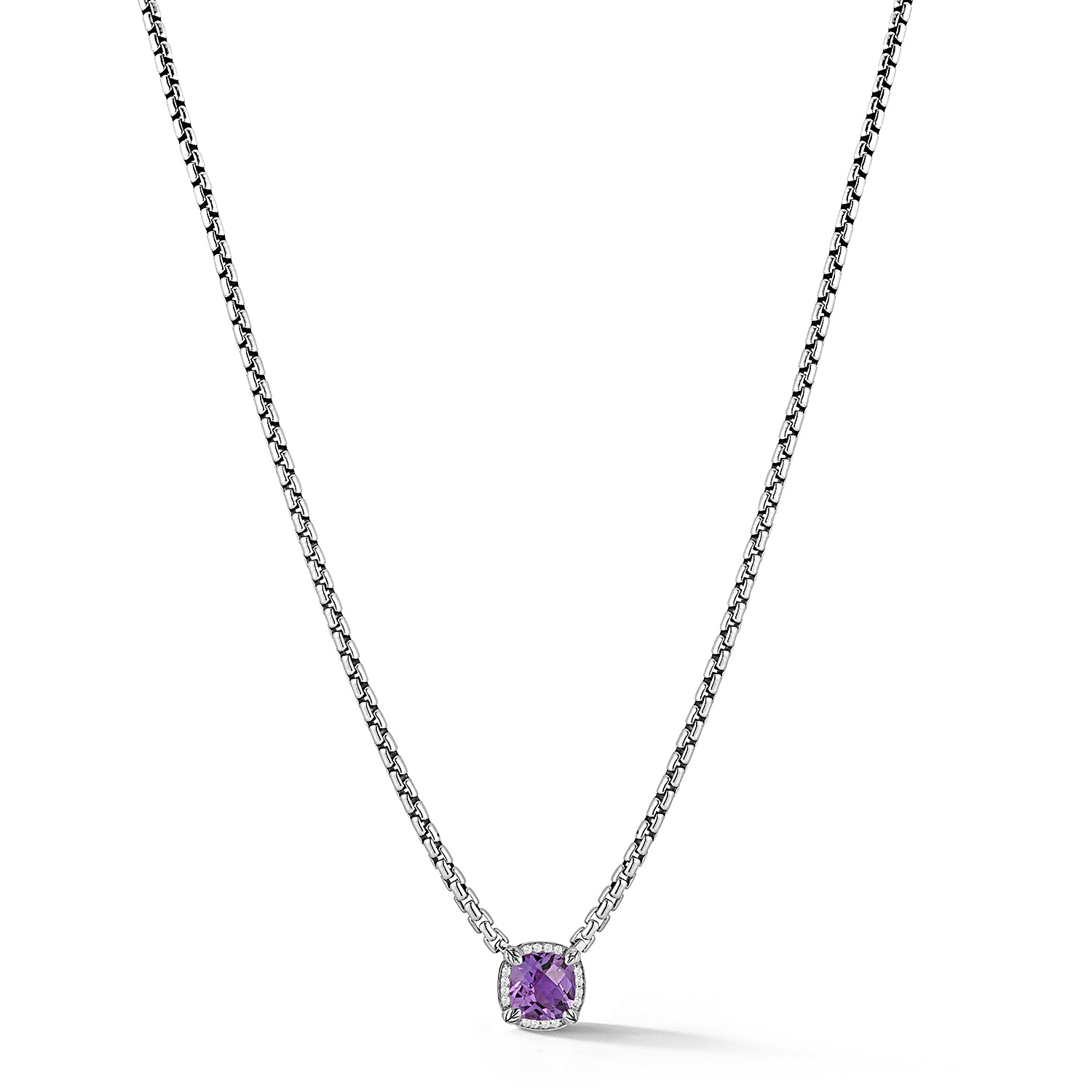 Our Sterling Silver Gemstone & Diamond 3.7mm Box Chain Necklace showcases an 8x8mm cushion Amethyst surrounded by brilliant round Diamonds. Necklace length is 16"+4".Stone Information:Amethyst > Shape