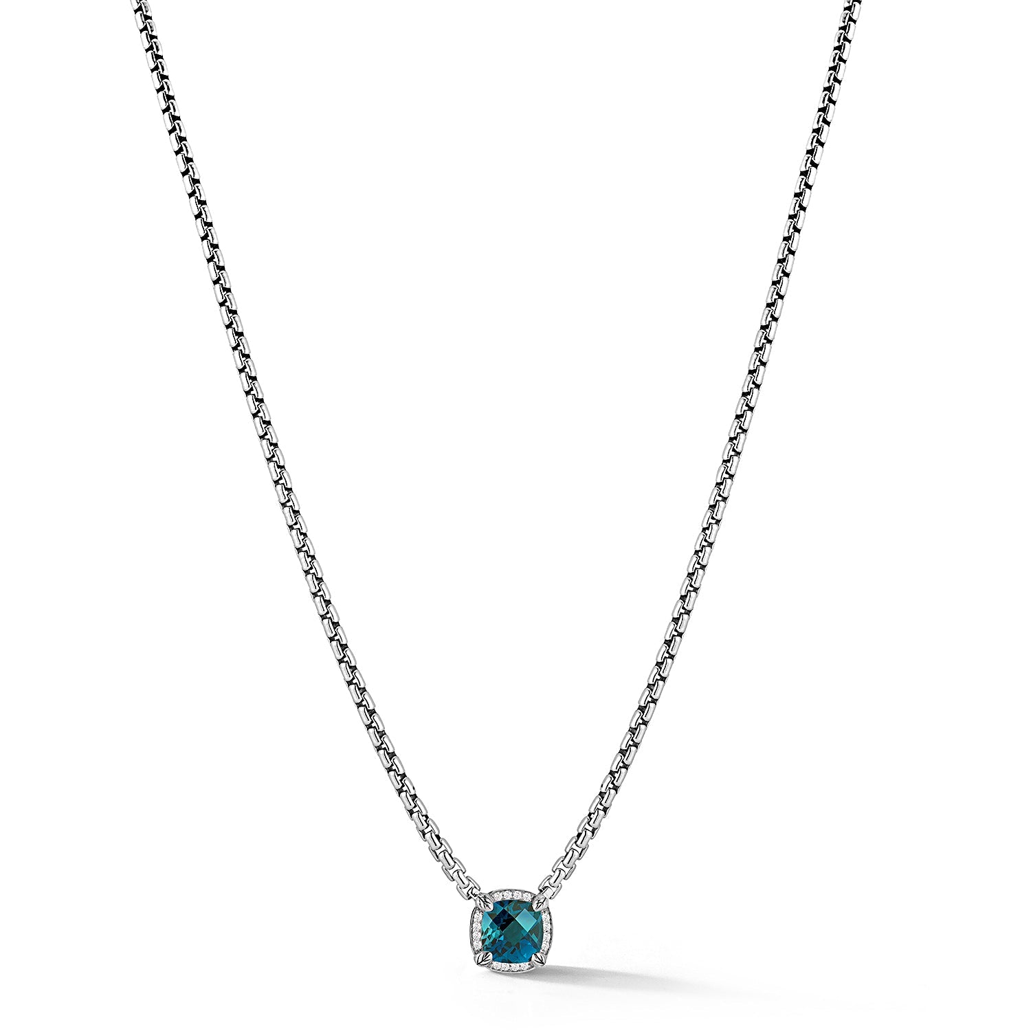 Our Sterling Silver Gemstone & Diamond 3.7mm Box Chain Necklace showcases an 8x8mm cushion London Blue Topaz surrounded by brilliant round Diamonds. Necklace length is 16"+4".Stone Information:Treated