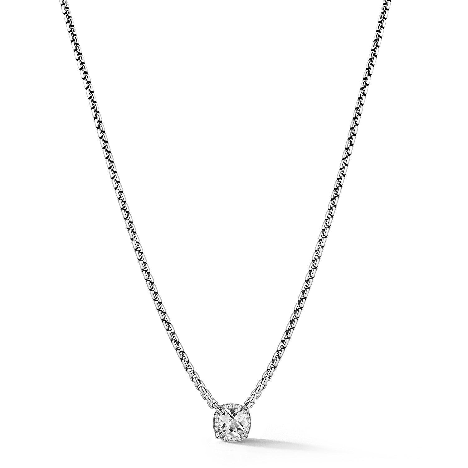Our Sterling Silver Gemstone & Diamond 3.7mm Box Chain Necklace showcases an 8x8mm cushion White Topaz surrounded by brilliant round Diamonds. Necklace length is 16"+4".Stone Information:White Topaz >