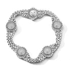 Our Sterling Silver & Diamond Bracelet features multi round Pave Diamond Disk elements, outlined with Basketweave, segmented with rows of Origin Box Chain.Sizes:Large (8.125"" Length)Medium (7.625"" L