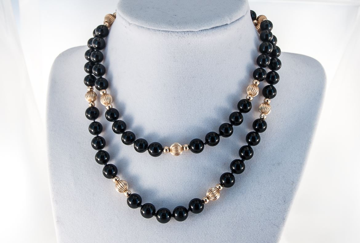 Onyx and Gold Pearl Necklace kahnfinejewelry