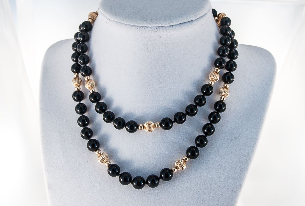 Black Onyx, Gold Pyrite & Genuine Baroque Pearl Necklace, 18