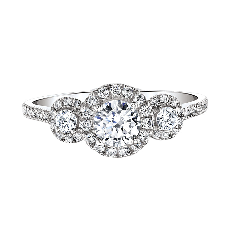 three-stone halo engagement ring by love story