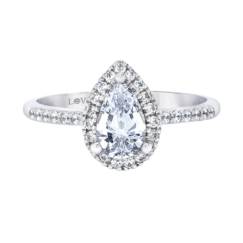pear halo engagement ring by love story