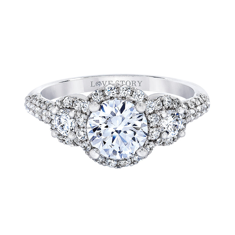 three-stone halo engagement ring by love story