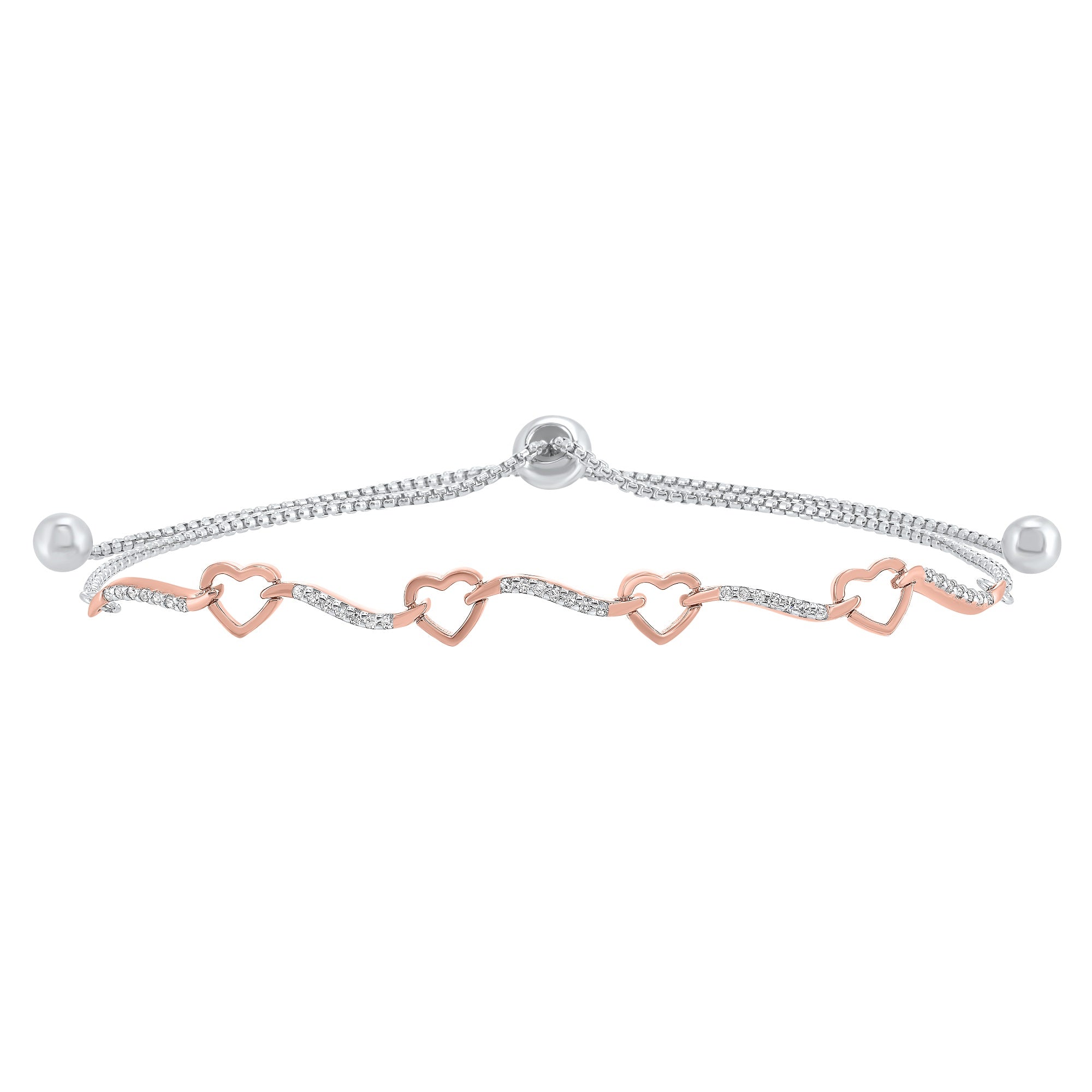 diamond open heart ribbon bolo bracelet in sterling silver - adjustable (1/8 ctw)