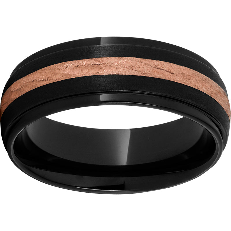 black diamond ceramic™ domed grooved edge band with a 2mm 14k rose gold bark finish inlay and stone finish
