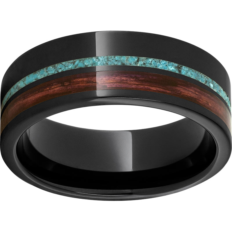 black diamond ceramic™ pipe cut band with off-center cabernet barrel aged™ inlay and turquoise inlay