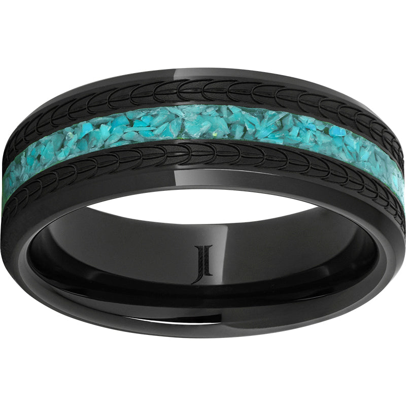 black diamond ceramic™ beveled edge band with turquoise inlay and feather laser engraving