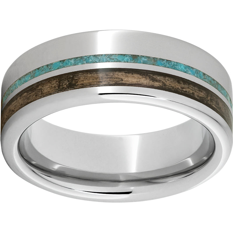 serinium® pipe cut band with off-center bourbon barrel aged™ inlay & turquoise inlay