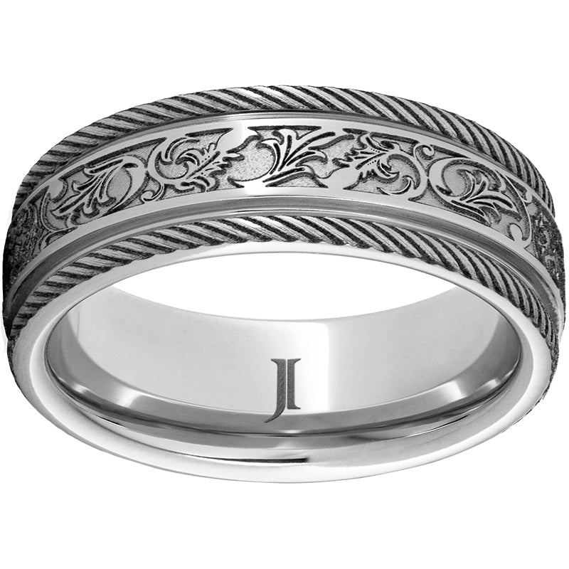 serinium® rounded edge band with latigo latigo & rope laser engraving