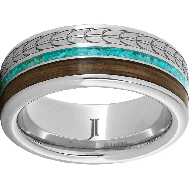 serinium® flat band with 1mm turquoise inlay, 2mm off-center bourbon barrel aged™ inlay and feather laser engraving