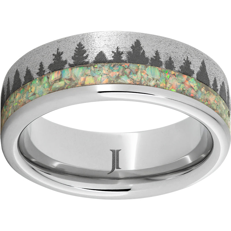 serinium® flat band with 2mm off-center opal inlay and pine laser engraving and stone finish