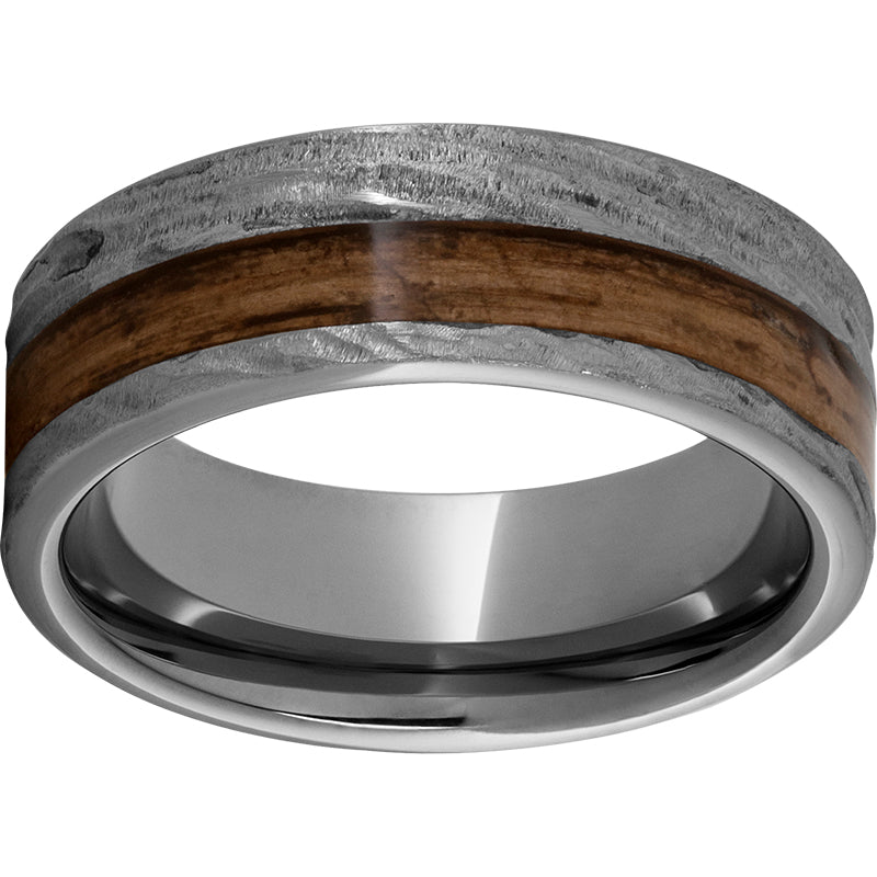 rugged tungsten™ 8mm pipe cut band with bourbon barrel aged™ inlay and bark finish