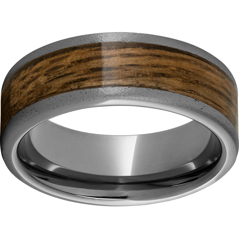 rugged tungsten™ 8mm pipe cut band with bourbon barrel aged™ inlay and stone finish