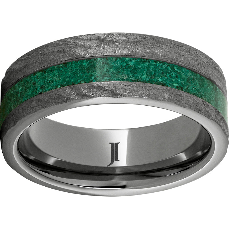 rugged tungsten™ 8mm flat band with 3mm off-center malachite inlay and bark finish