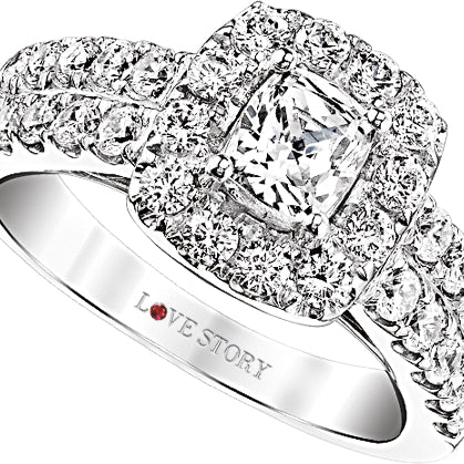 halo cushion engagement ring by love story