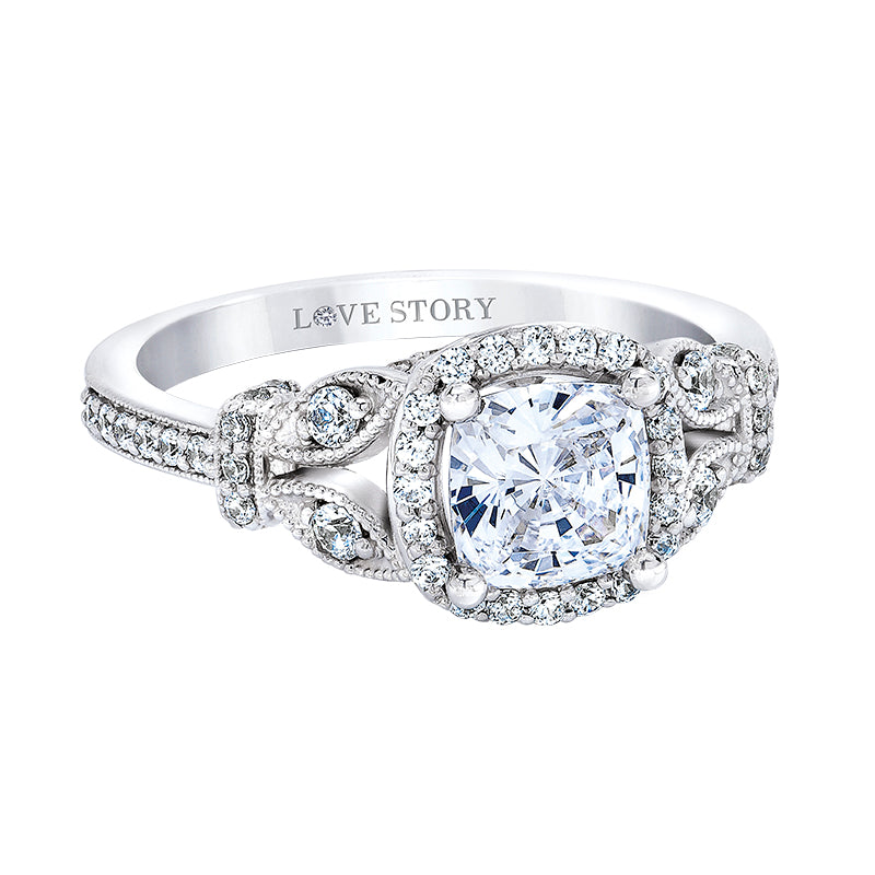 halo cushion engagement ring by love story